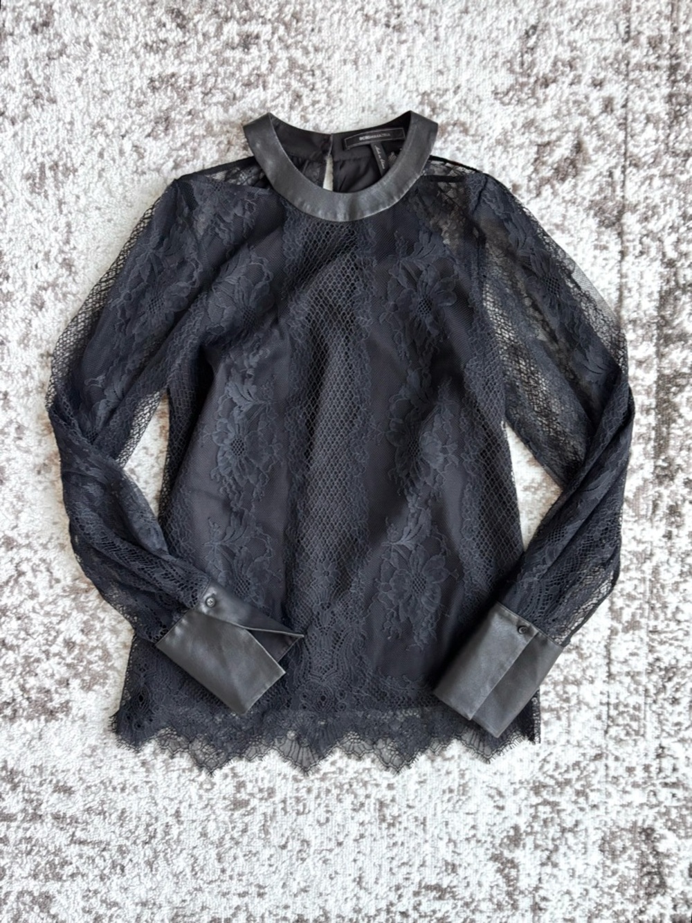 BCBGMaxAzria Venetian Lace Faux Leather Trimmed Long Sleeve Blouse